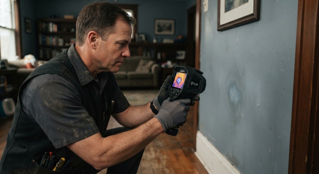 Specialist conducting non-invasive water leak detection Galloway NJ using infrared thermal camera