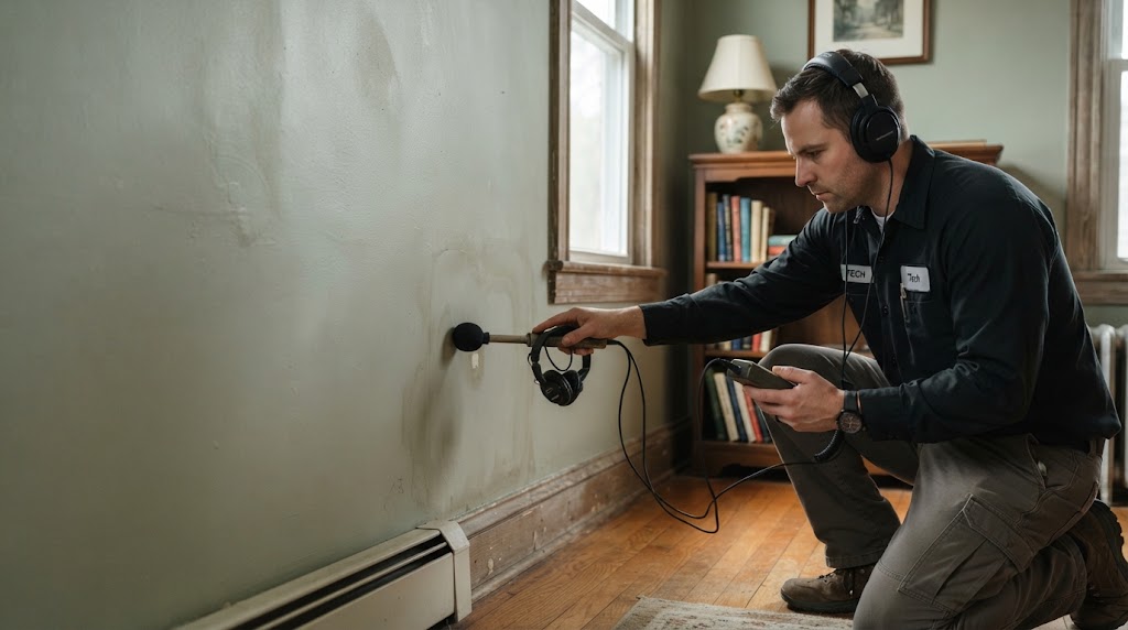 Professional leak detection Galloway NJ specialist operating acoustic listening equipment on a residential water system
