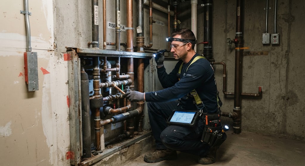 Field technician performing plumbing leak detection Galloway NJ on residential supply line